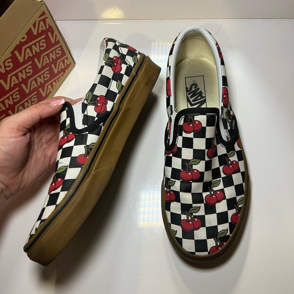 Vans Black and White Cherry Slip-On Sneakers - Picture 7 of 8